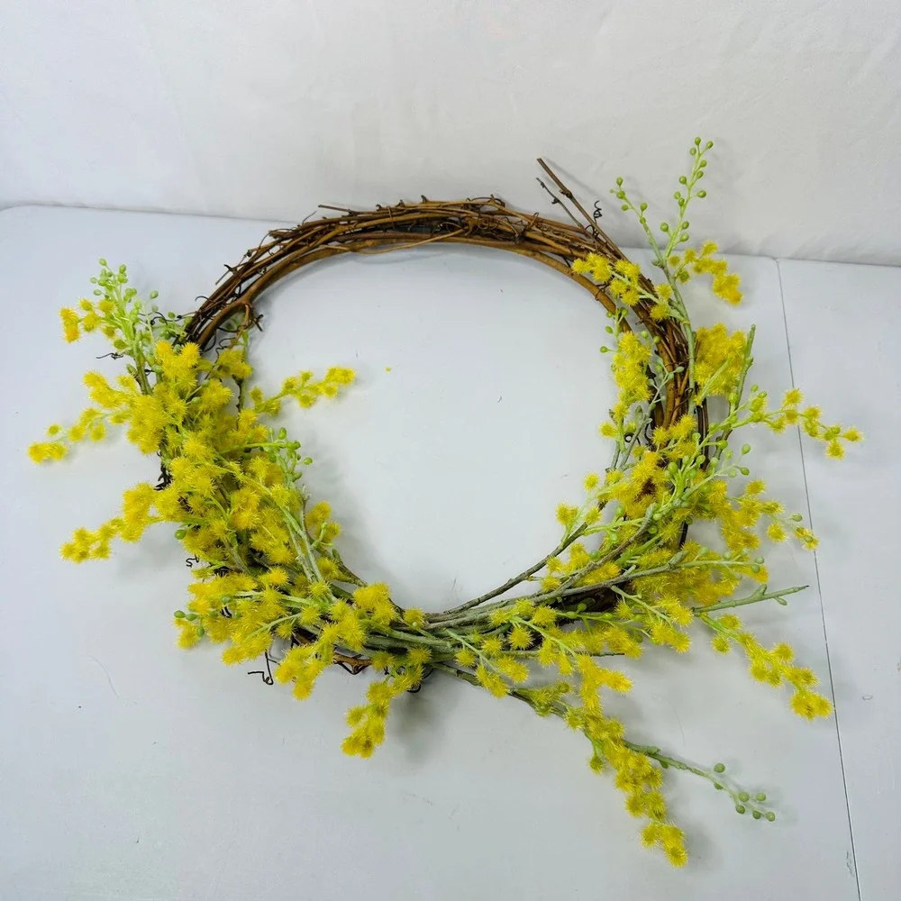 Yellow Mimosa Grapevine Wreath Spring Floral Farmhouse Door Decor 15 Inch